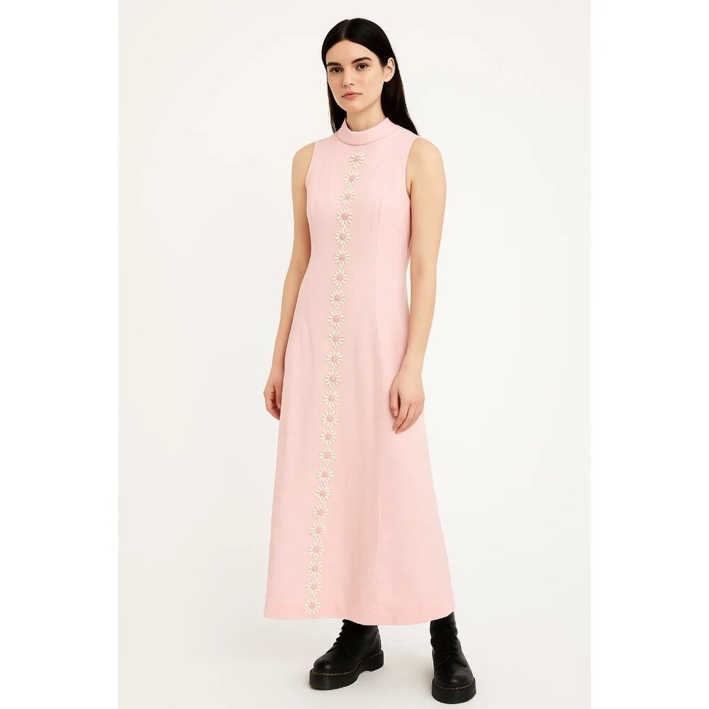 Vintage 1960 Pink Maxi Dress Size Small Daisy Embellishment Sleeveless Mock Neck